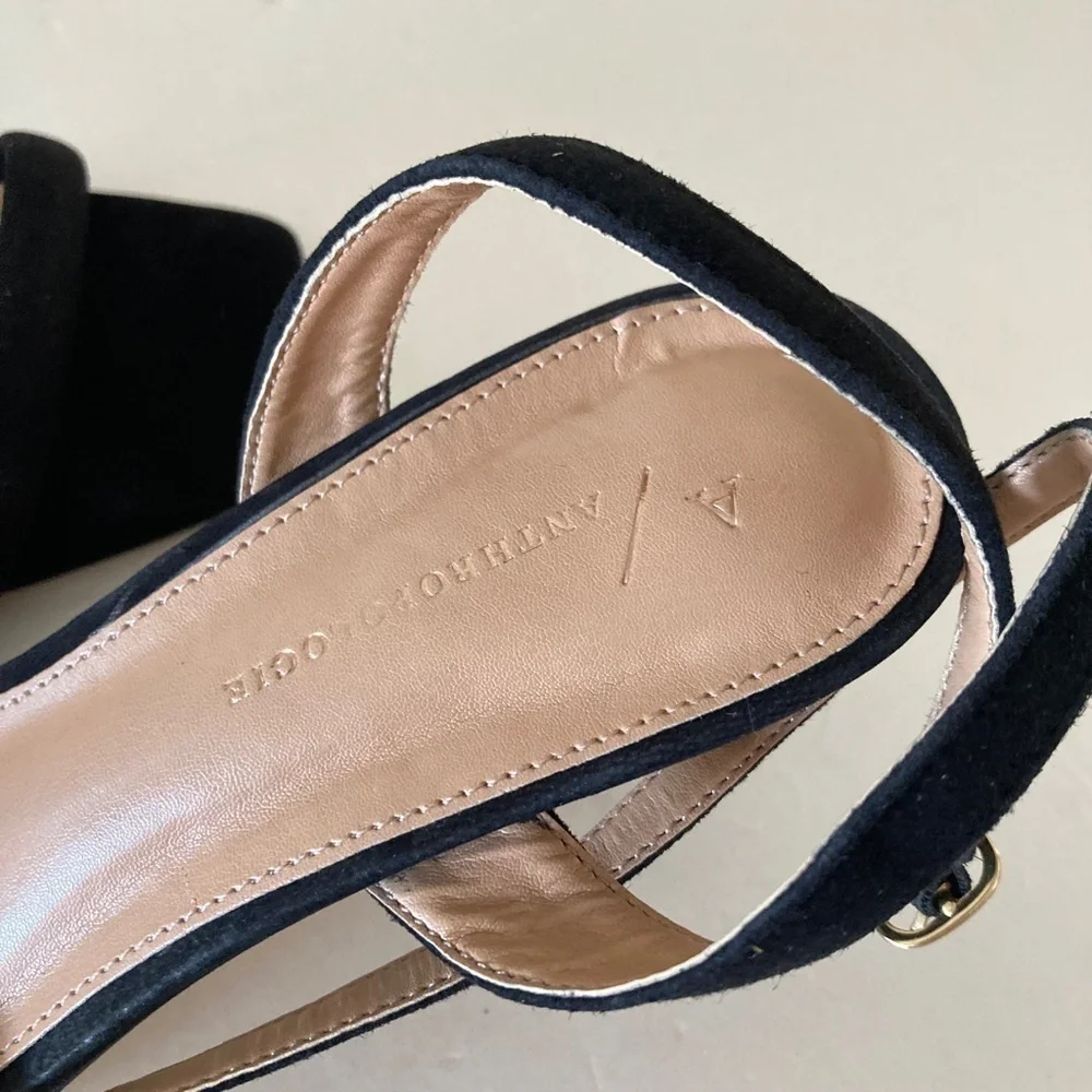Anthropologie Square Toe Ankle Strap Black Suede Heels Sz 37